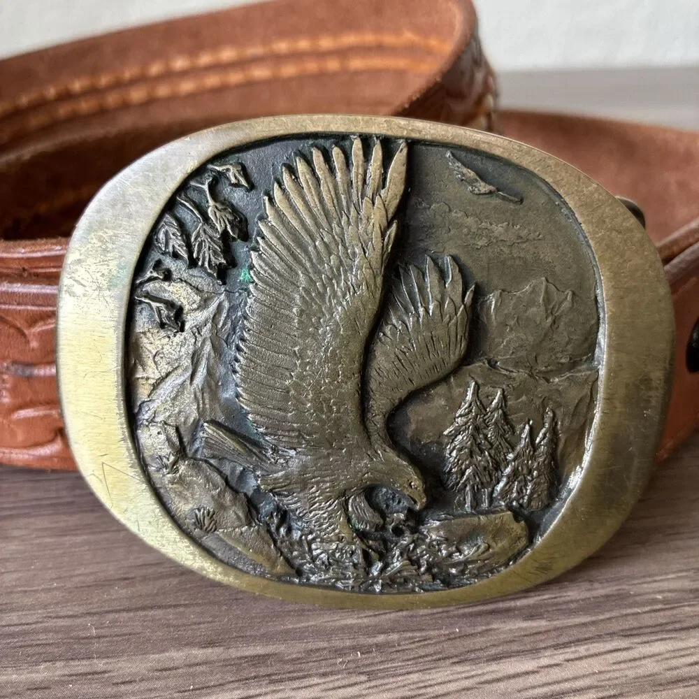 VTG High Mesa American Eagle Solid Bronze Belt Buckle & Leather Belt, Size 36